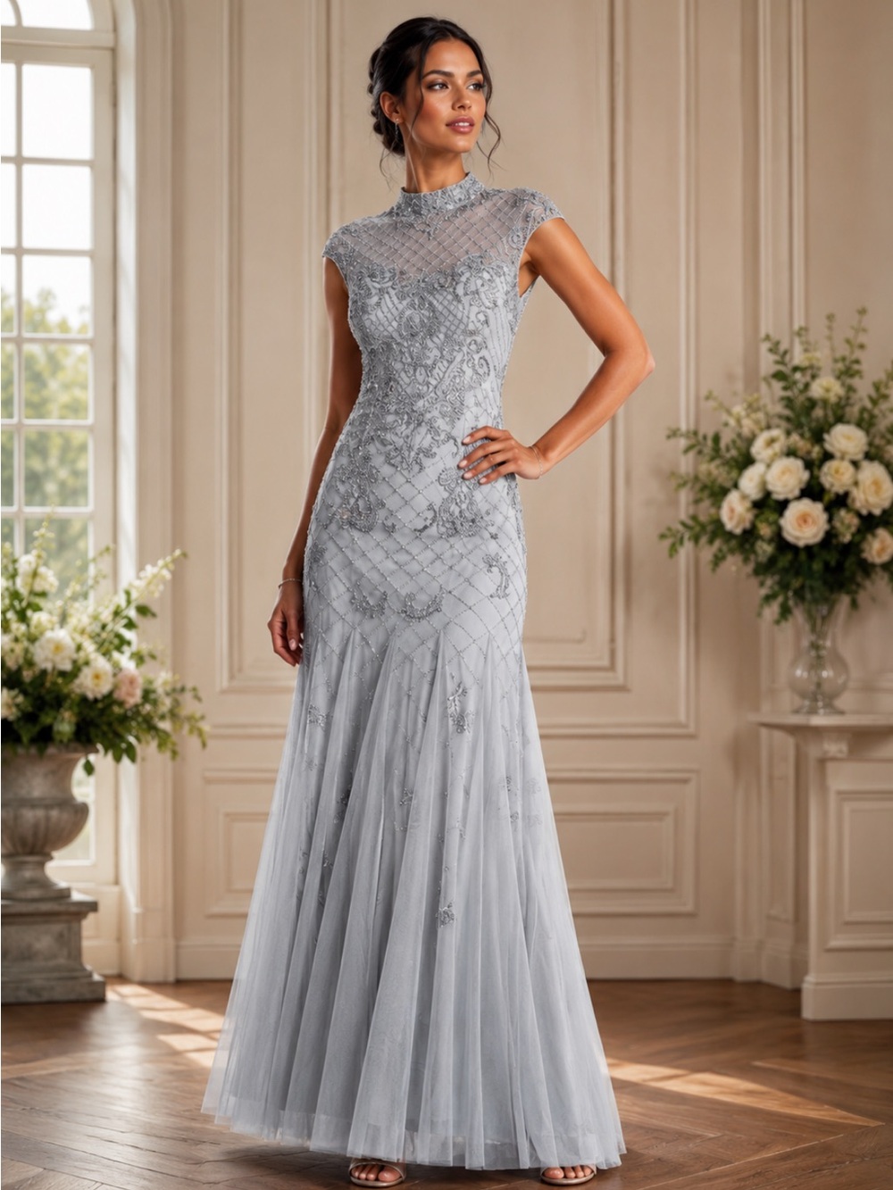 Adrianna Papell cap sleeves beaded long gown